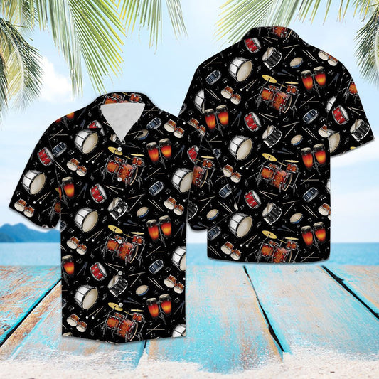 Retro Drum Set Studio In Black Hawaiian Shirt,Hawaiian Shirt Gift, Christmas Gift