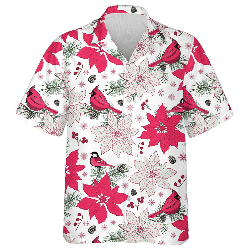 Watercolor Red Cardinal Poinsettia Flower And Birds Hawaiian Shirt, Hawaiian Shirt Gift, Christmas Gift