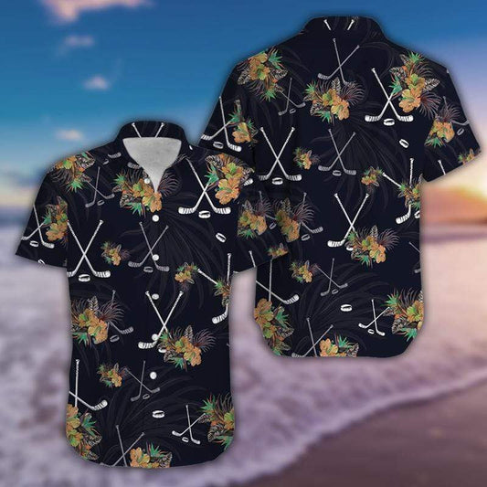 Simple Hockey Tropical Black Design Hawaiian Shirt,Hawaiian Shirt Gift, Christmas Gift