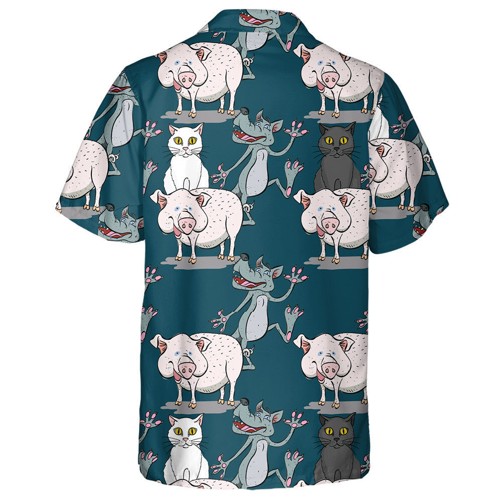 Smiling Wolf Face With Cat And Pig Hawaiian Shirt, Hawaiian Shirt Gift, Christmas Gift