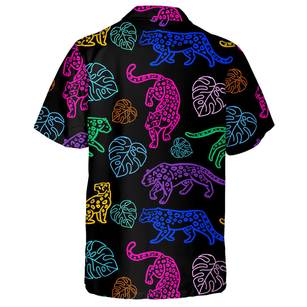 Neon Cute Leopards And Monstera Leaves Hawaiian Shirt, Hawaiian Shirt Gift, Christmas Gift