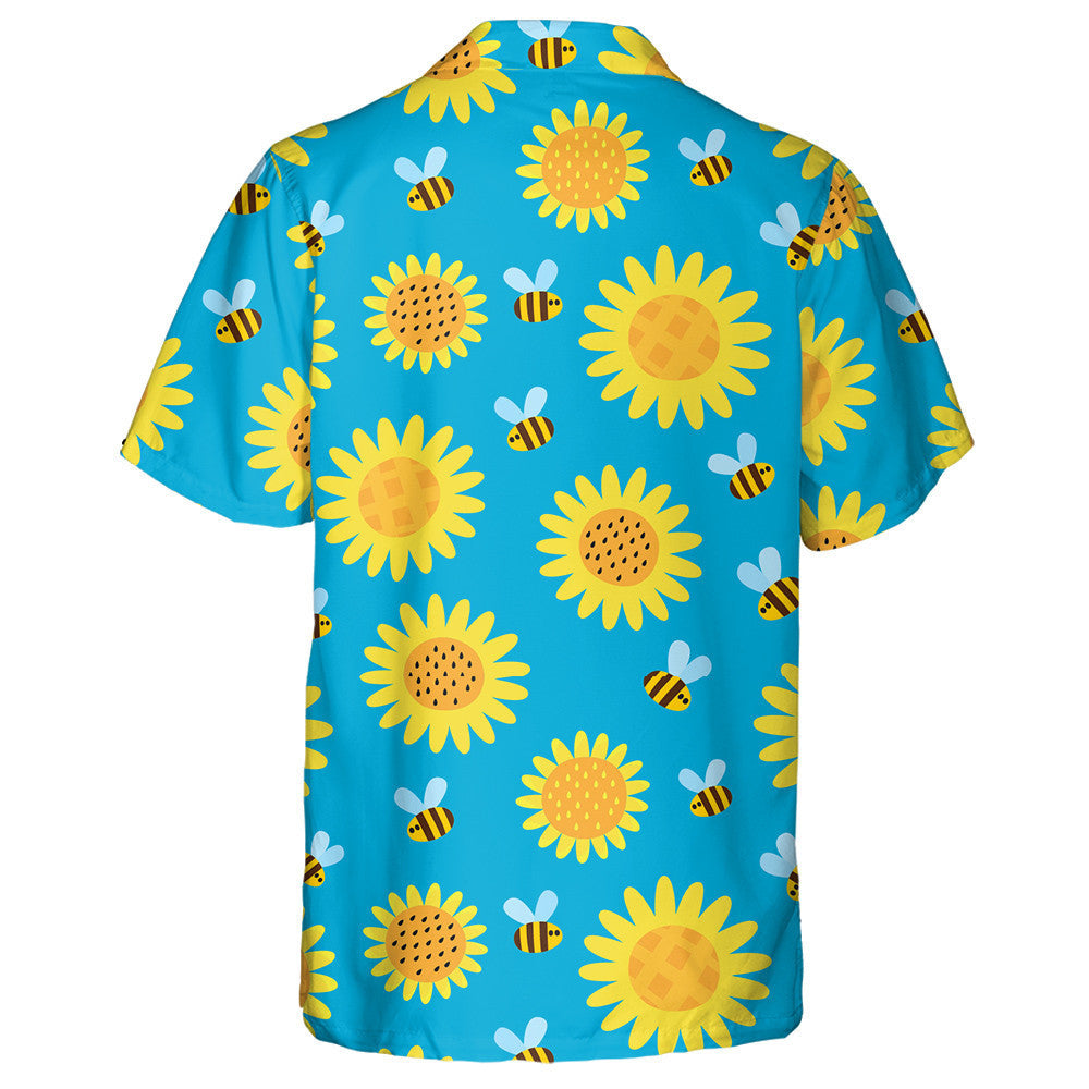 Flying Cartoon Bees And Flowers On Blue Hawaiian Shirt, Hawaiian Shirt Gift, Christmas Gift