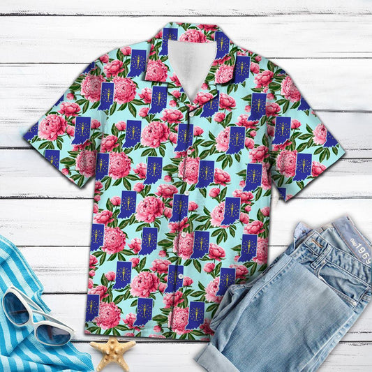 Indiana Flag With Pink Peony Hawaiian Shirt, Hawaiian For Gift