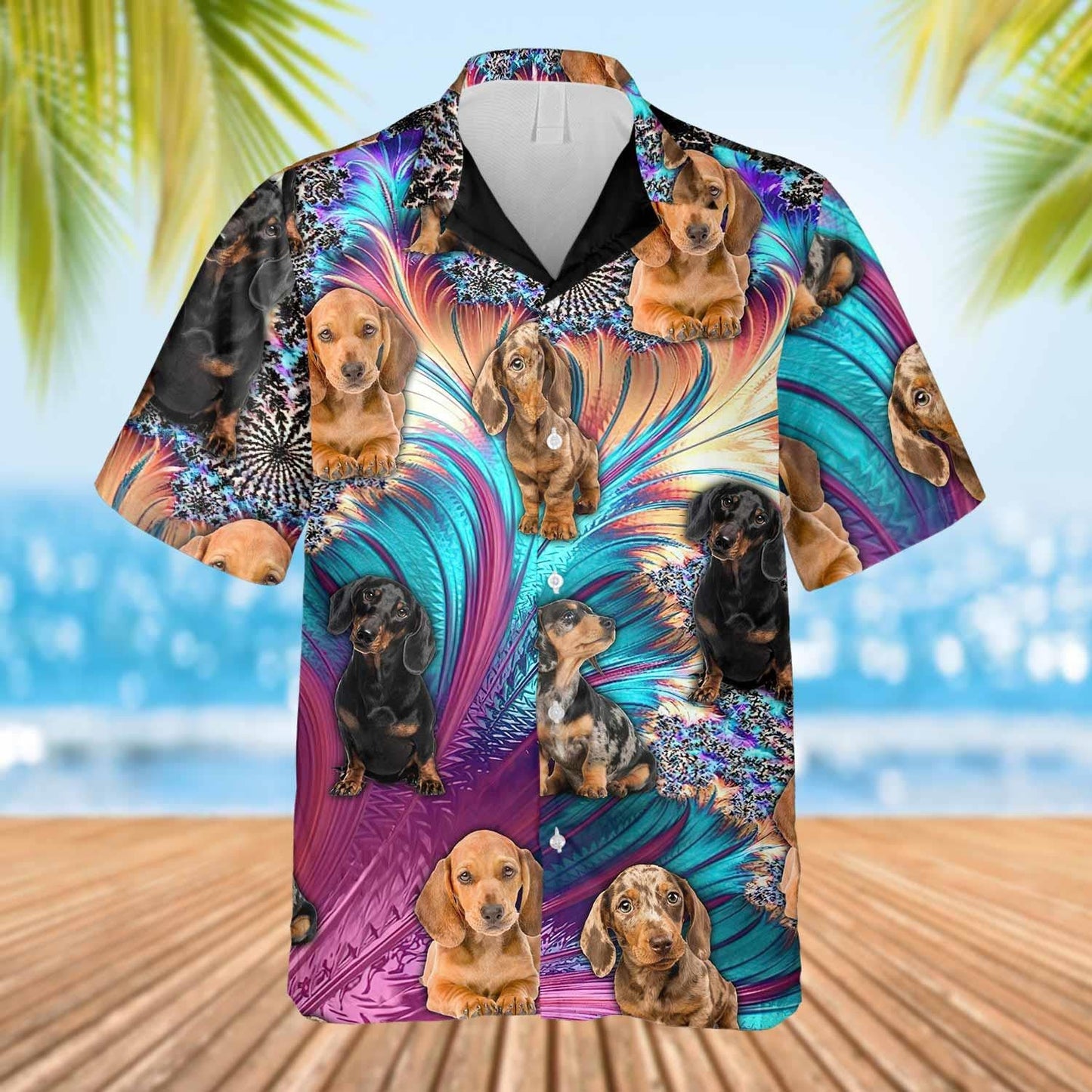The Love Of Dachshunds Pink Blue Background Hawaiian Shirt, Hawaiian Shirt Gift, Christmas Gift