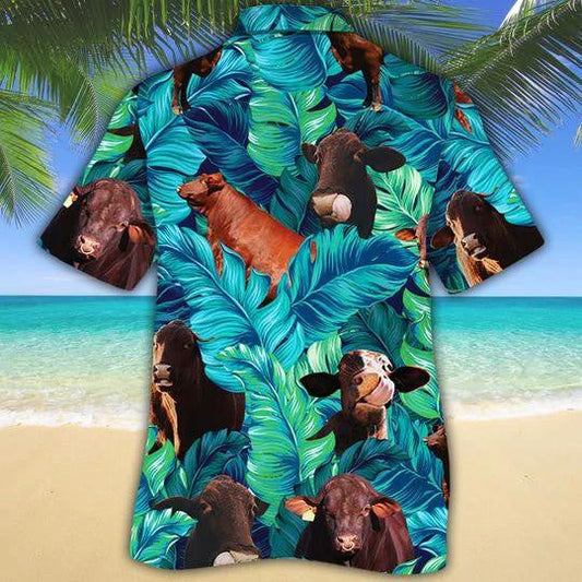 Teal Tropical Leaf Santa Gertrudis Cattle Lover Hawaiian Shirt, Hawaiian Shirt Gift, Christmas Gift