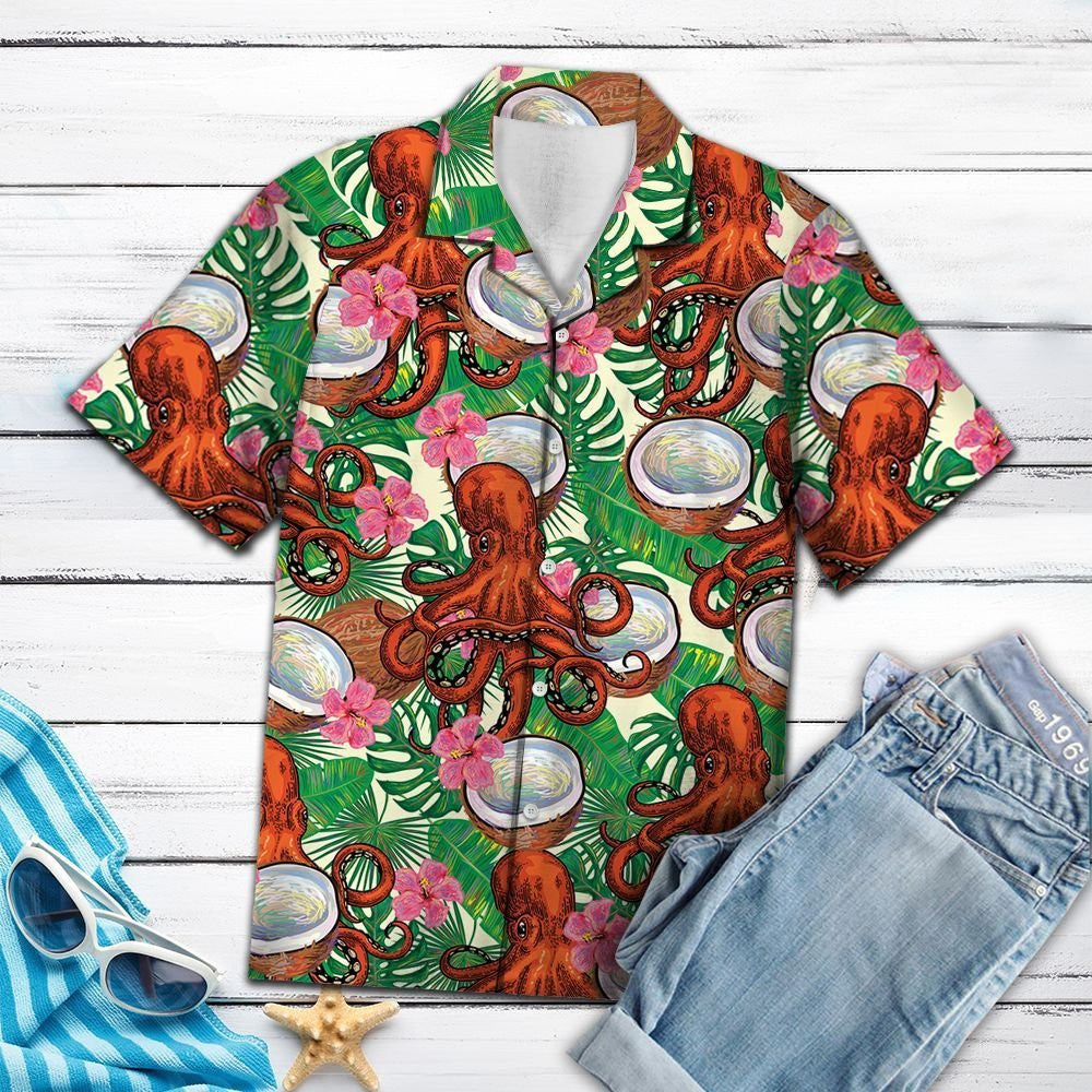 Sea Animal Octopus Tropical Coconut Pattern Hawaiian Shirt, Hawaiian Shirt Gift, Christmas Gift