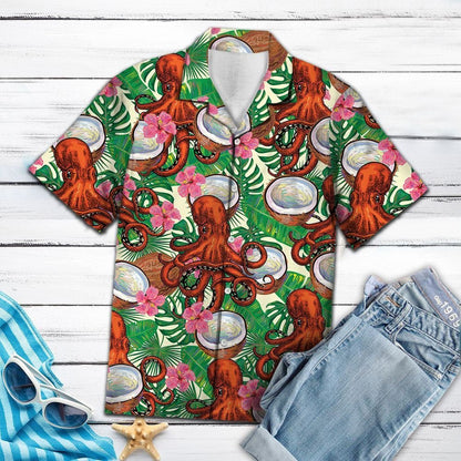 Sea Animal Octopus Tropical Coconut Pattern Hawaiian Shirt, Hawaiian Shirt Gift, Christmas Gift