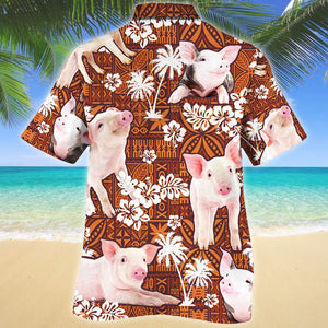 Cute Pig Red Tribal Palm Tree Pattern Hawaiian Shirt, Hawaiian Shirt Gift, Christmas Gift