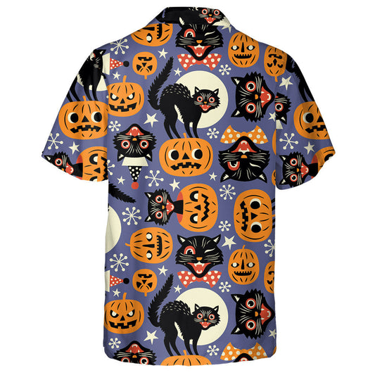 Vintage Spooky Cats And Halloween Pumpkins Hawaiian Shirt, Hwaiian For Gift