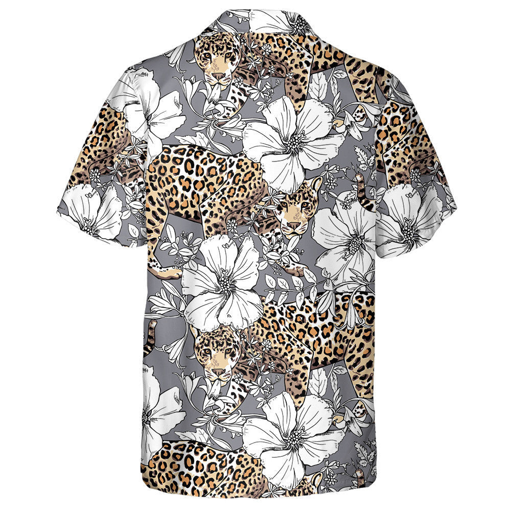 Gold Leopard And White Hibiscus Flowers Hawaiian Shirt,Hawaiian Shirt Gift, Christmas Gift