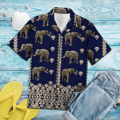 Hawaiian Shirt Elephant With Symbolic Art In Deep Blue, Hawaiian Shirt Gift, Christmas Gift