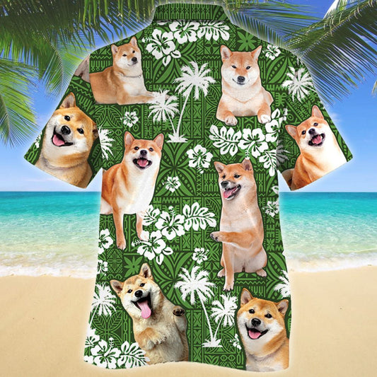 Green Background Shiba Inu Green Tribal Pattern Hawaiian Shirt, Hawaiian Shirt Gift, Christmas Gift