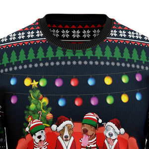 Pit Bull Friends On Red Sofa Ugly Christmas Sweater,Christmas Gift,Gift Christmas 2024