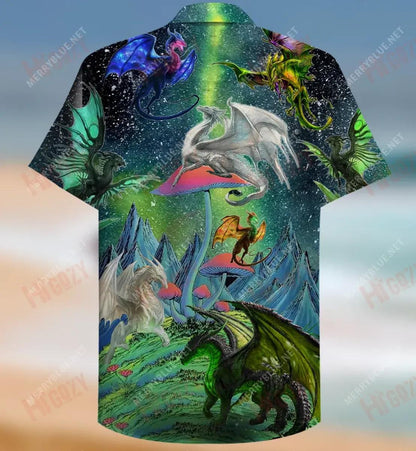 Dragons In Northern Lights Unisex Léine Gearr Haváís Laethanta Saoire Léinte Haváís is Fearr Léinte Crazy Haváí, Bronntanas Léine Haváís, Bronntanas Nollag