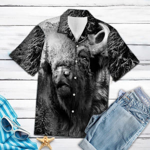 Wild Bison Black And White Photo Hawaiian Shirt, Hwaiian For Gift