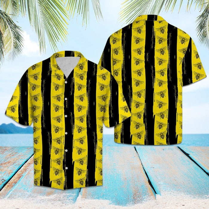 Black Stripes In Yellow Bees Design Hawaiian Shirt, Hawaiian For Gift