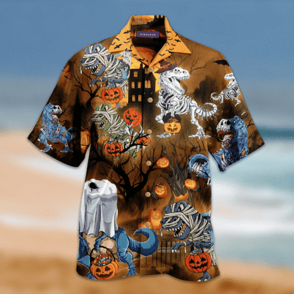 Halloween Dinosaur Crazy Background Design Hawaiian Shirt, Hawaiian For Gift