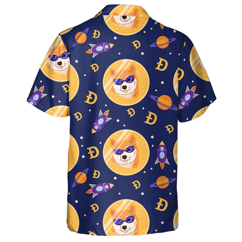 Cartún Cryptocurrency Madra Shiba Sa Spás Cúlra Leithlisithe Léine Haváíais, Bronntanas Léine Haváíais, Bronntanas Nollag