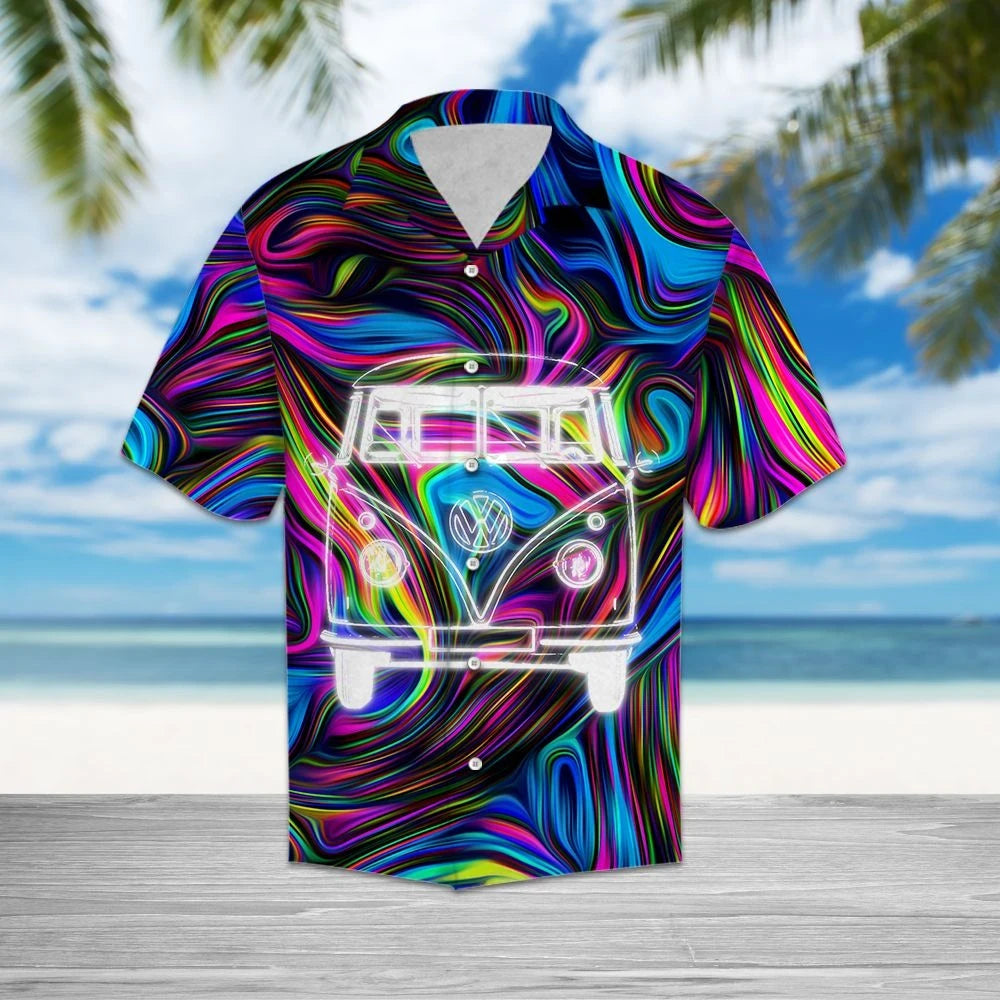 Watercolor Hippie Bus On Tie Dye Pattern Hawaiian Shirt, Hwaiian For Gift