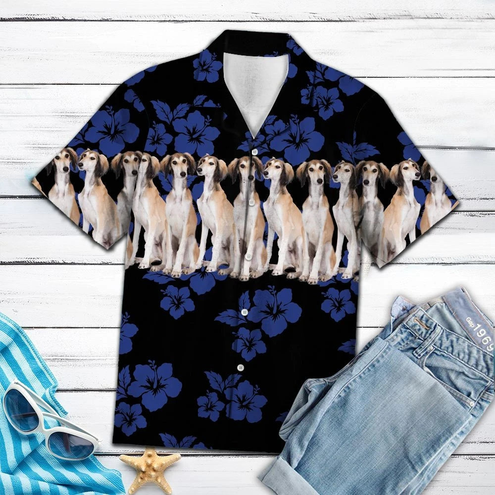 Saluki Dogs With Blue Hibiscus In Black Hawaiian Shirt,Hawaiian Shirt Gift, Christmas Gift