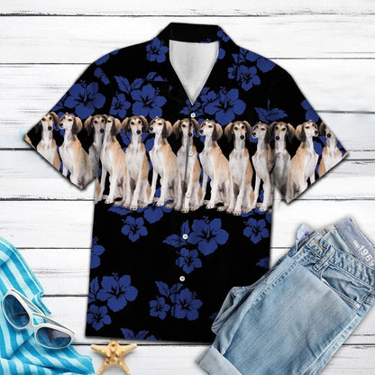 Saluki Dogs With Blue Hibiscus In Black Hawaiian Shirt,Hawaiian Shirt Gift, Christmas Gift