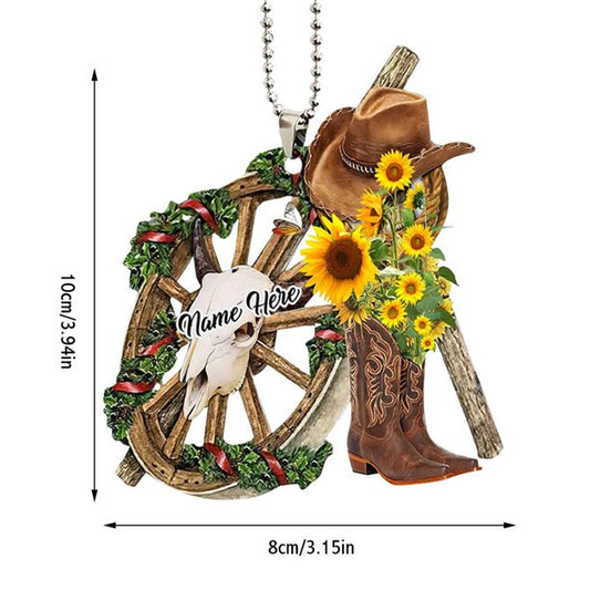 Personalized Cowboy Cowgirl Sunflower Hat Boots Car Hanging Ornament, Christmas Decoration