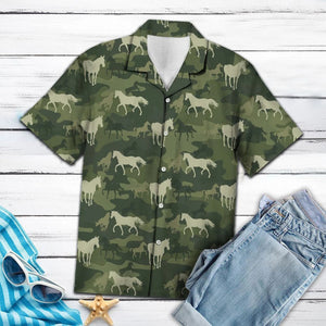 Western Horse On Green Camo Military Pattern Hawaiian Shirt, Hawaiian Shirt Gift, Christmas Gift