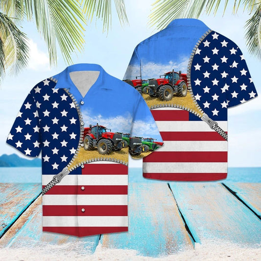 Farmer Truck Usa Flag Zipper Open Horizon Themed Hawaiian Shirt, Hawaiian Shirt Gift, Christmas Gift