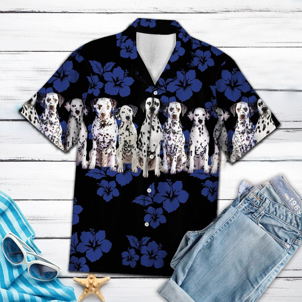 Awesome Dalmatian Tropical Hibiscus On Black Pattern Hawaiian Shirt, Hawaiian Shirt Gift, Christmas Gift