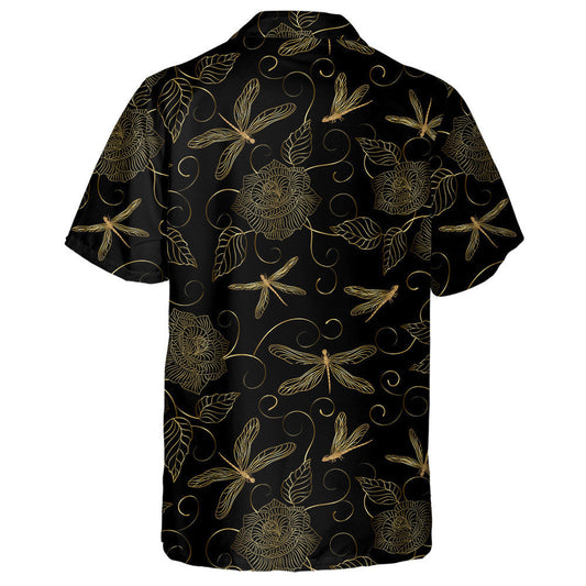 Flowers And Dragonflies Of Gold Color Hawaiian Shirt,Hawaiian Shirt Gift, Christmas Gift