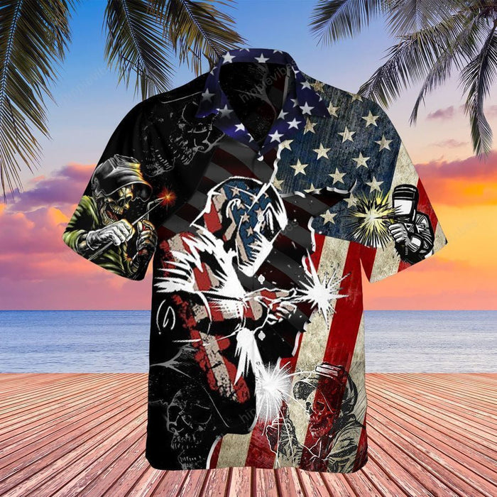 Skull Head Welder With American Flag Hawaiian Shirt,Hawaiian Shirt Gift, Christmas Gift