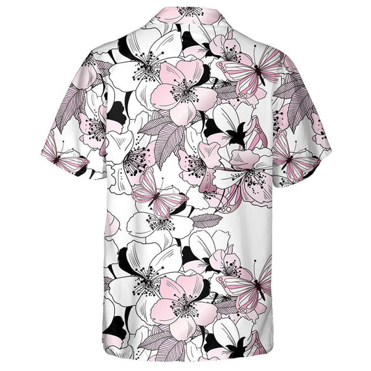 Hand Drawn Flowers Of Cherry And Butterflies Hawaiian Shirt, Hawaiian Shirt Gift, Christmas Gift