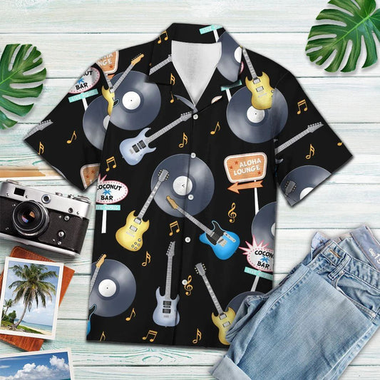 Stíl Vinyl Vinyl Rock And Roll Cúlra Dubh Léine Haváís, Bronntanas Léine haváíais, Bronntanas Nollag