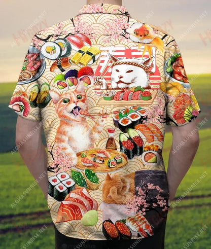 Déanann Sushi Agus Cait Mé Shona Unisex Léine Haváís Aigéan Muinchille Gearr Na Léinte Haváís is Fearr Léinte Haváís d'Fhir, Bronntanas Léine Haváís, Bronntanas Nollag