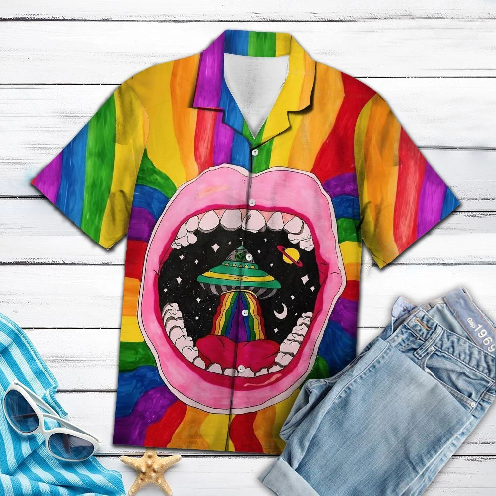 Ufo Alien Inside Pink Large Mouth Hawaiian Shirt, Hawaiian Shirt Gift, Christmas Gift