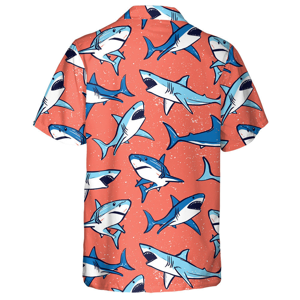 Sketch Pattern Of Blue Shark On Orange Background Design Hawaiian Shirt, Hawaiian Shirt Gift, Christmas Gift