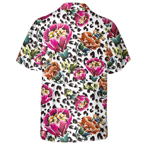 Wild African Leopard Skin And Retro Flowers Hawaiian Shirt, Hawaiian Shirt Gift, Christmas Gift