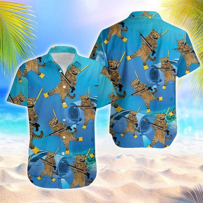 Cat Hawaiian Shirt - Funny Cat Diving Blue Ocean Hawaiian Shirt - Present For Cat Loversâ€“ Dnstyles_Hawaiian Shirt Gift, Christmas Gift