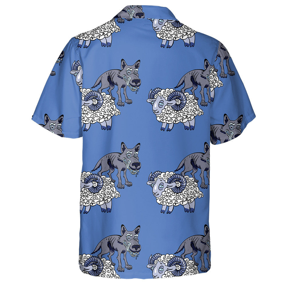 Sheep And Grey Old Wolf On Blue Hawaiian Shirt, Hawaiian Shirt Gift, Christmas Gift