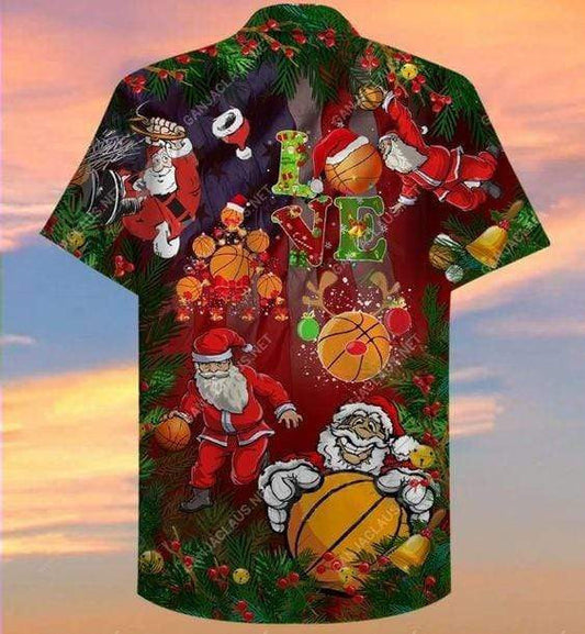 Basketball And Christmas Tree On Red Background Hawaiian Shirt, Hawaiian Shirt Gift, Christmas Gift