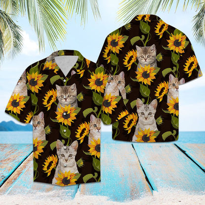 Lovely Cat With Blooming Sunflowers Hawaiian Shirt, Hawaiian For Gift