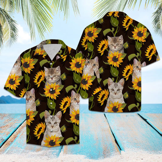 Lovely Cat With Blooming Sunflowers Hawaiian Shirt, Hawaiian For Gift