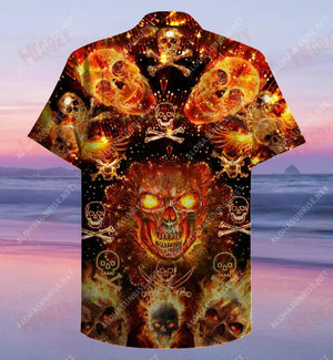 Flaming Skulls Unisex Short Sleeve Shirt Summer Aloha Shirt Tactical Hawaiian Shirt Funny Hawaiian Shirts_ Hawaiian Shirt Gift, Christmas Gift