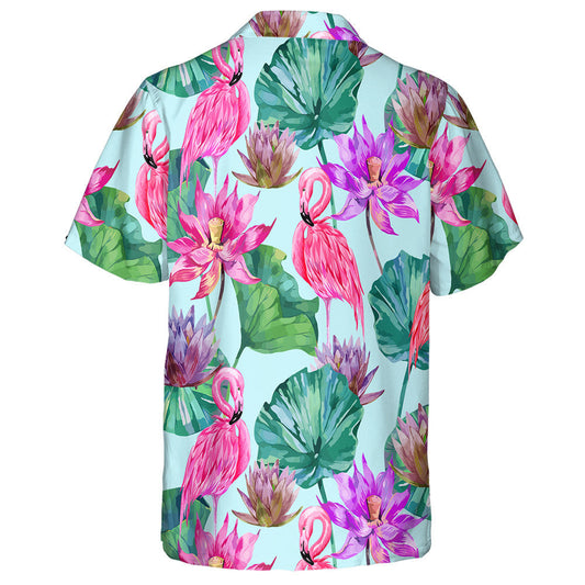Pink Lotus Tropical Flowers Leaves And Flamingos Hawaiian Shirt, Hawaiian Shirt Gift, Christmas Gift