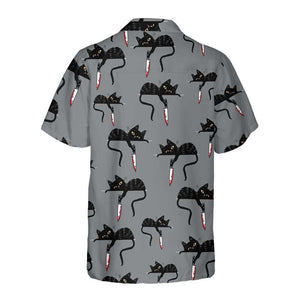 Happy Halloween Black Cat With Knife On Gray Background Hawaiian Shirt, Hawaiian Shirt Gift, Christmas Gift