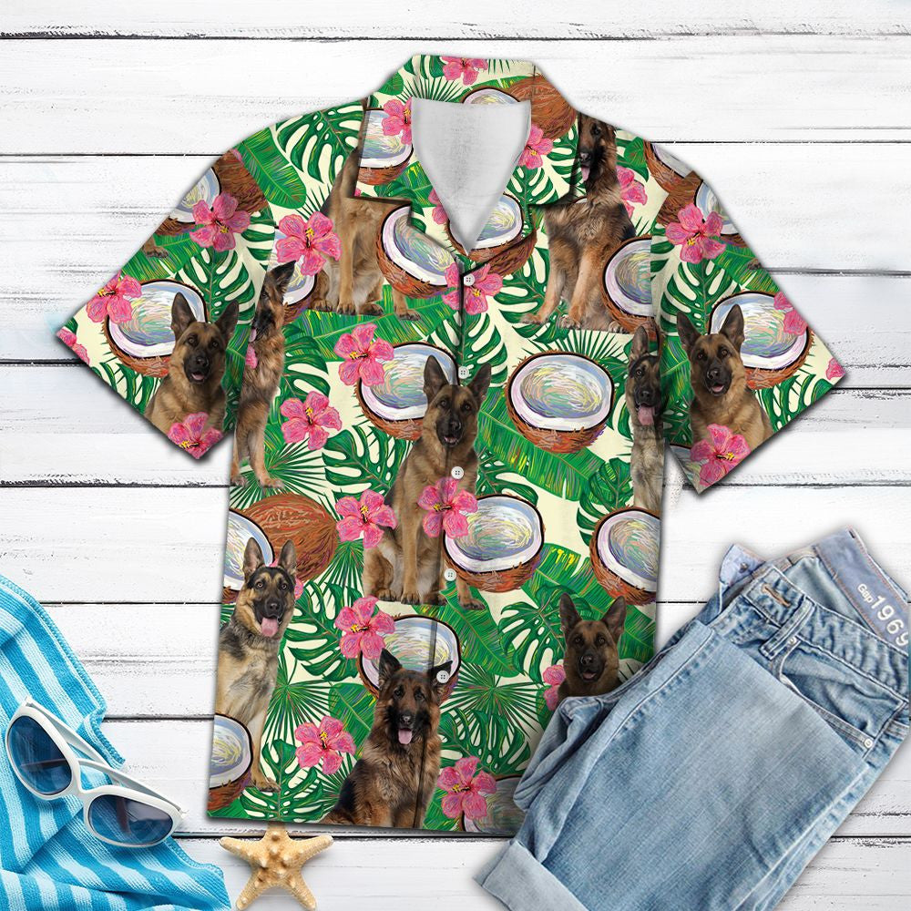 German Shepherd Tropical Coconut Summer Plant Pattern Hawaiian Shirt, Hawaiian Shirt Gift, Christmas Gift