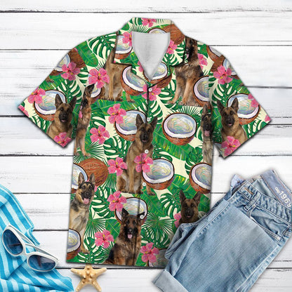 German Shepherd Tropical Coconut Summer Plant Pattern Hawaiian Shirt, Hawaiian Shirt Gift, Christmas Gift