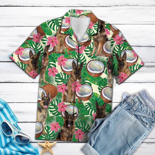 German Shepherd Tropical Coconut Summer Plant Pattern Hawaiian Shirt, Hawaiian Shirt Gift, Christmas Gift