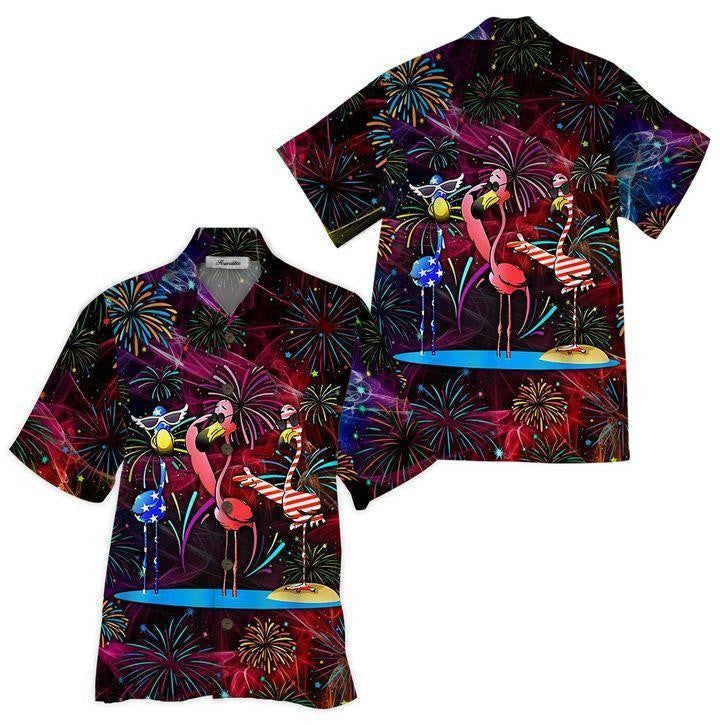Festival Firework Flamingo America Background Hawaiian Shirt,Hawaiian Shirt Gift, Christmas Gift