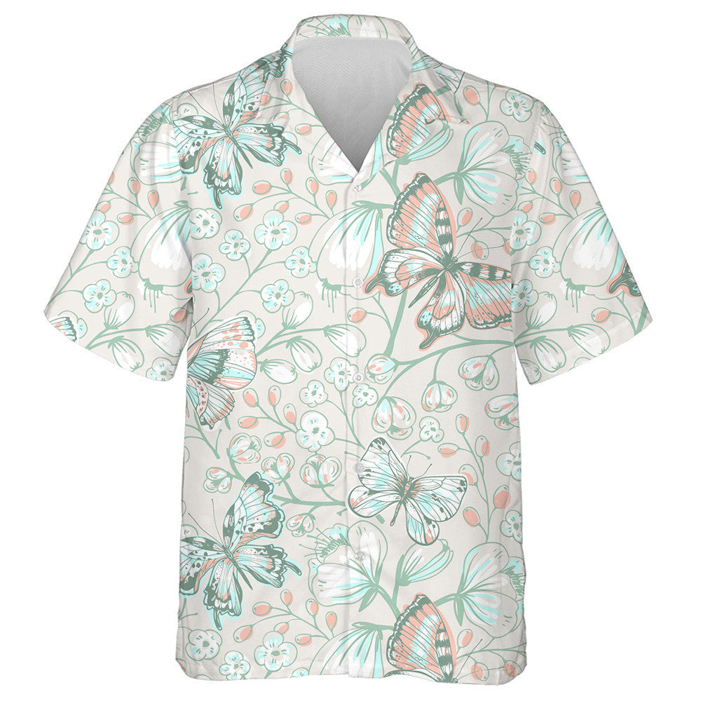 Hand Drawn Butterflies And Blooming Flowers Hawaiian Shirt, Hawaiian For Gift